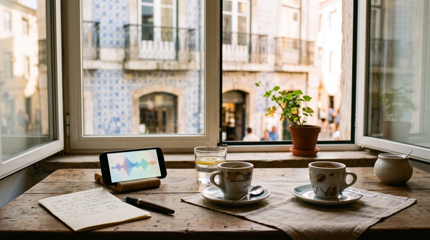 Two espresso cups facing each other at a Lisbon cafe table — conversation practice
