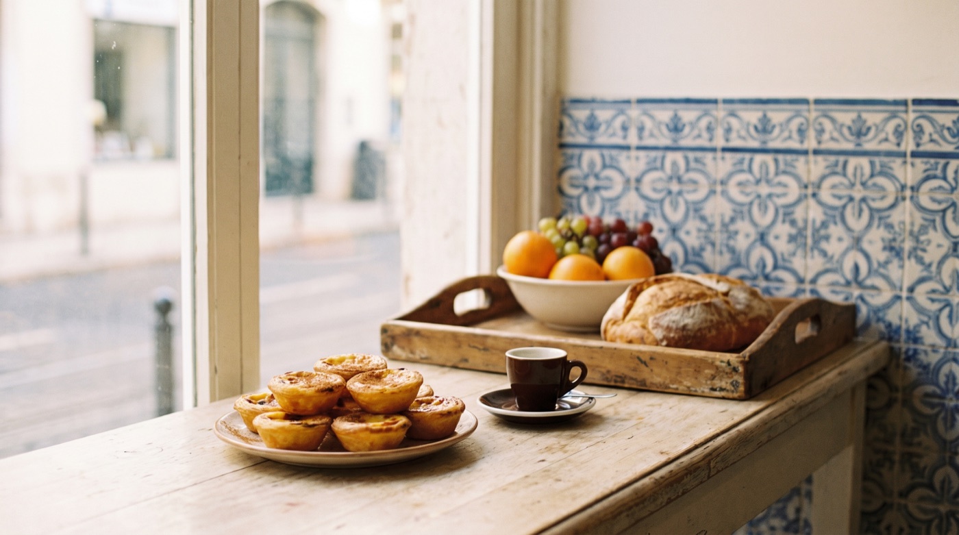 Pastelaria counter with pastéis de nata and espresso — food vocabulary territory
