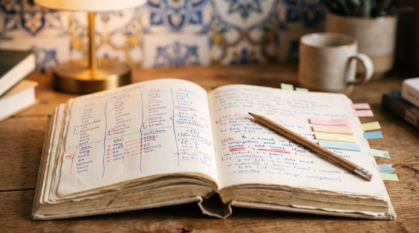 Grammar notebook जिसमें conjugation columns और page markers हैं