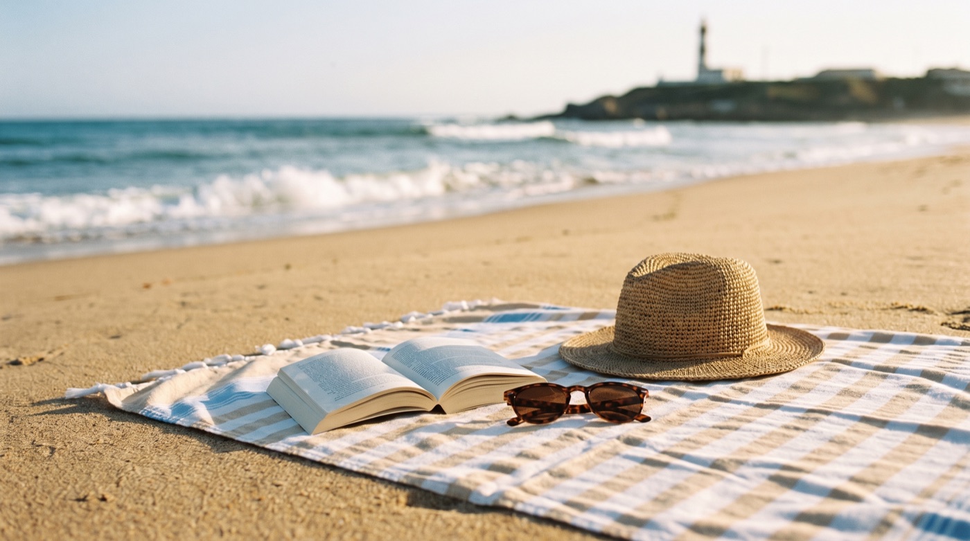 Beach towel, book and straw hat on Portuguese sand — leisure vocabulary
