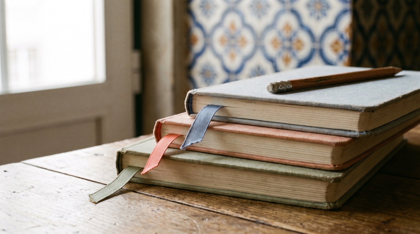 Three notebooks stacked in a stepped row — three phases of preparation