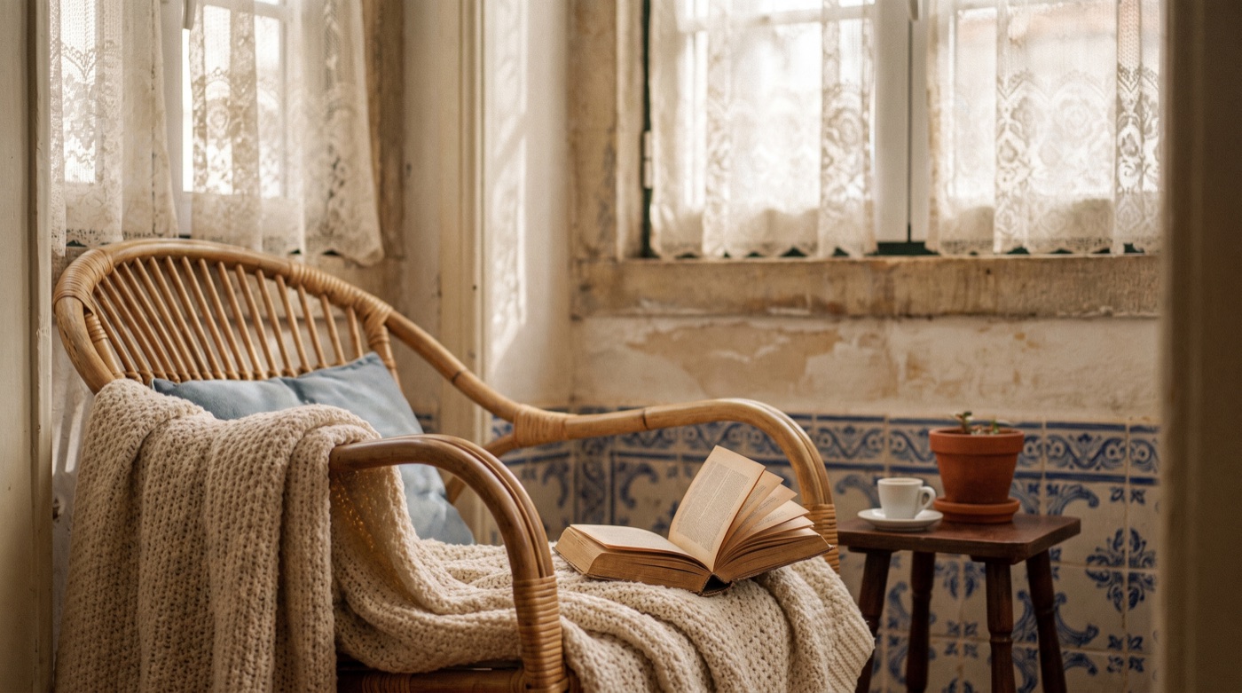 Cantinho de leitura aconchegante com um livro aberto e um café expresso