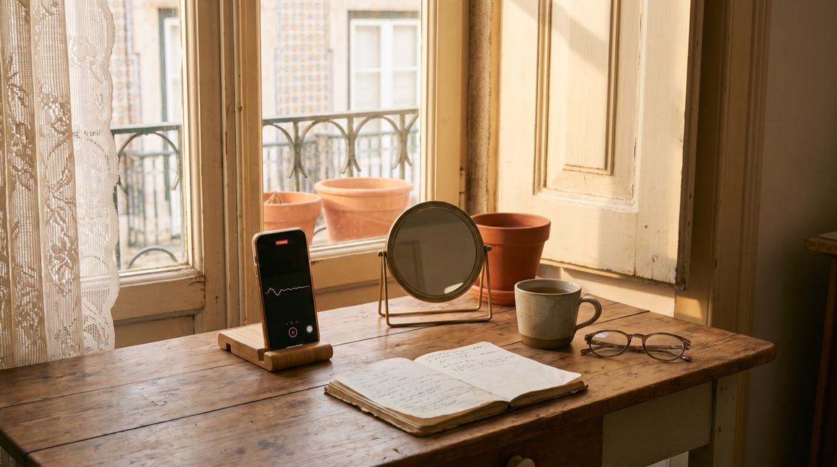 Phone on a stand recording a voice note beside a notebook