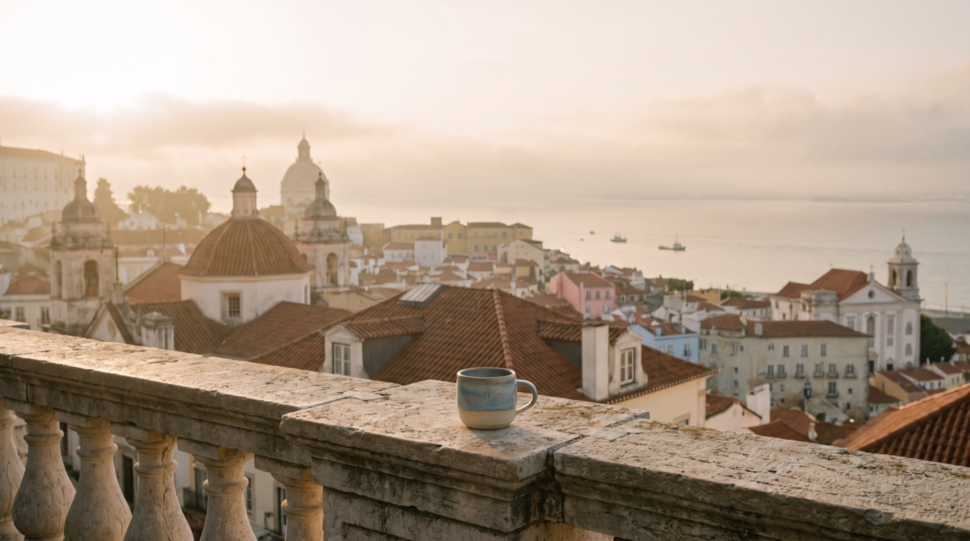 Sunrise over Lisbon rooftops from a miradouro — the start of the plan