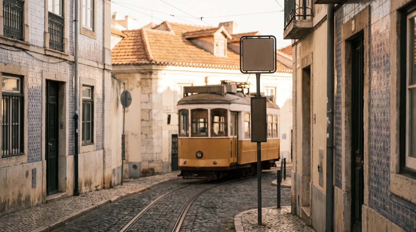 Yellow Lisbon tram on a cobblestone street — transport vocabulary