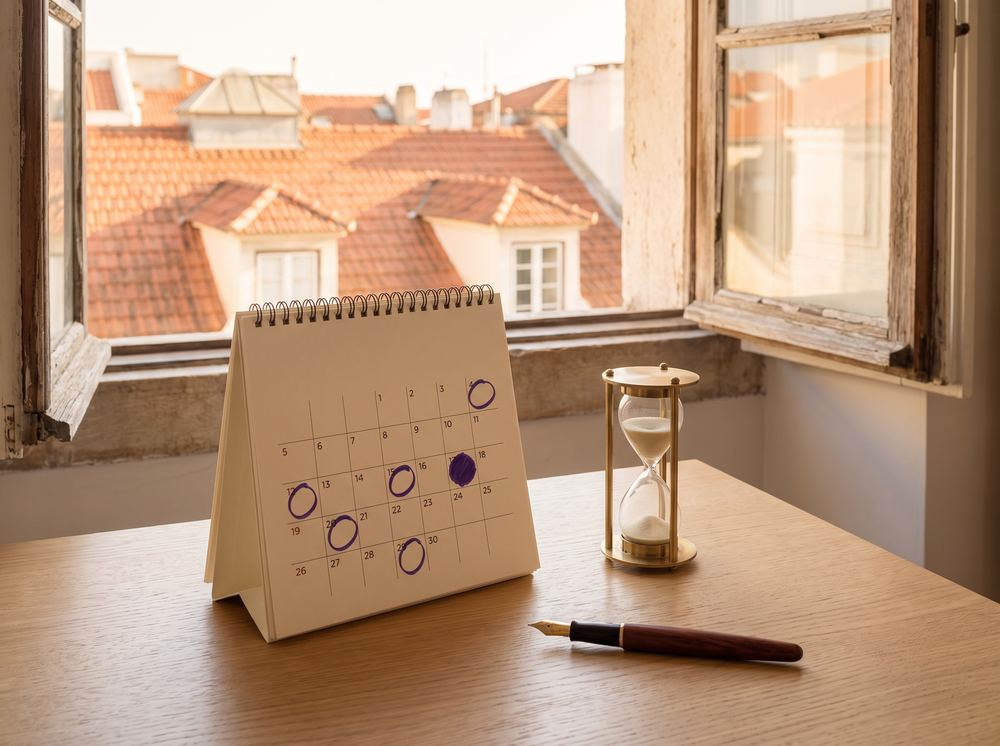 Desk calendar with dates circled next to an hourglass by a window over Lisbon rooftops