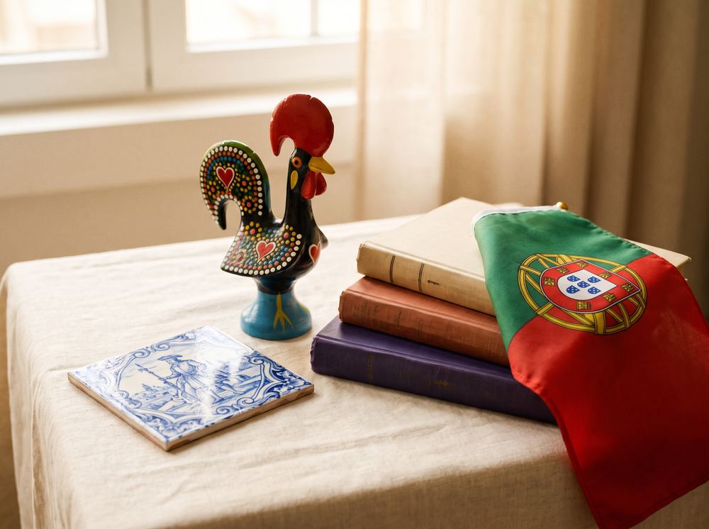 Barcelos rooster, azulejo tile, history books and the Portuguese flag