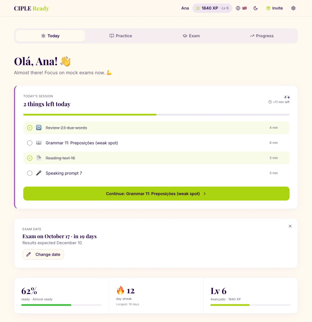 CIPLE Ready dashboard: today's study plan, exam countdown, readiness, streak and level