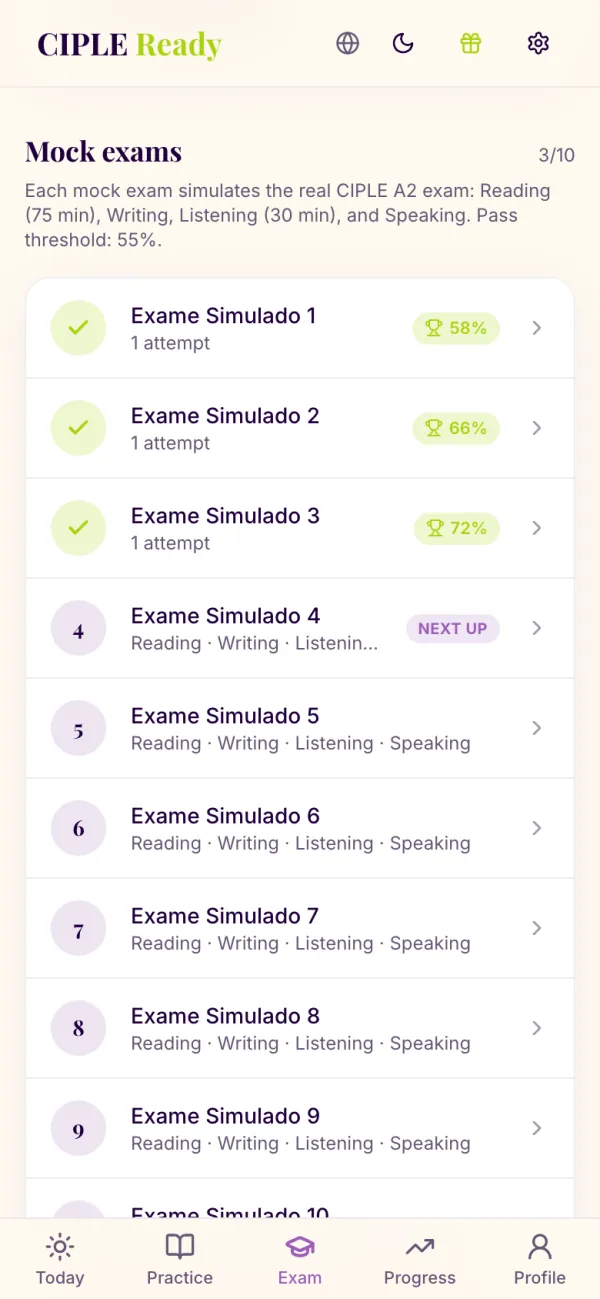 The Exam tab on a phone: 10 mock exams with best scores and the next one to take