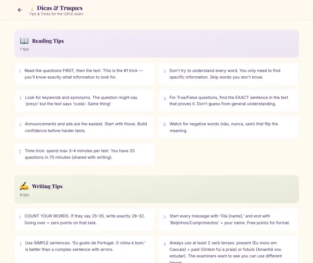 Exam tips and tricks organized by section