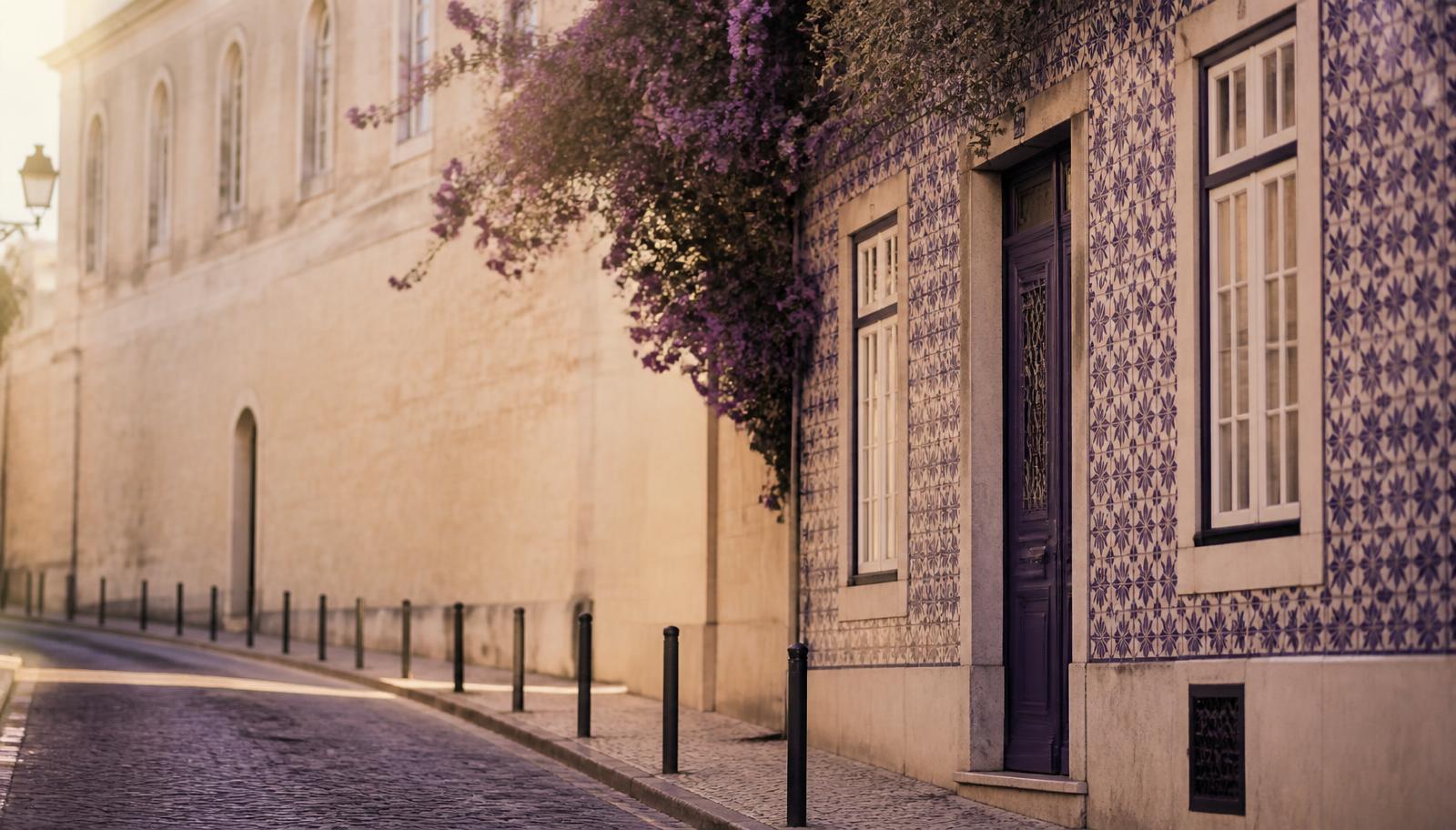 Lisbon street with traditional Portuguese azulejo tiles