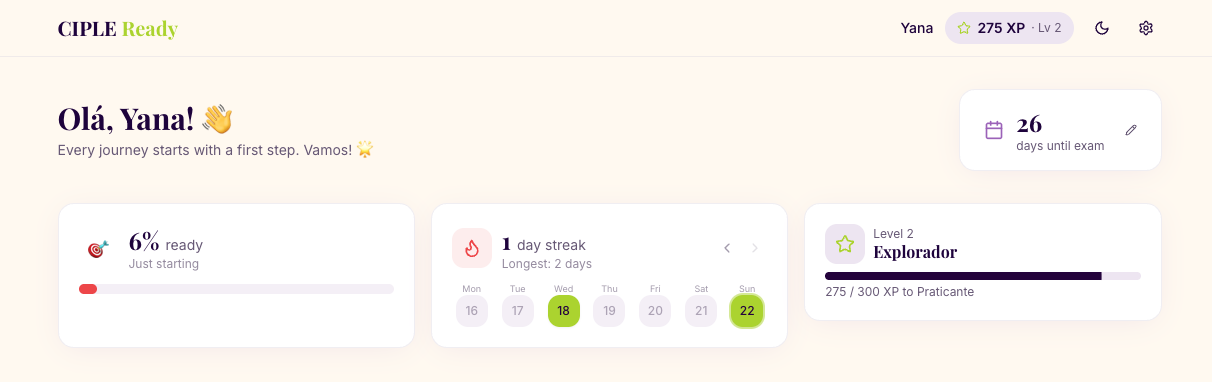 Dashboard with XP, streaks and level progress