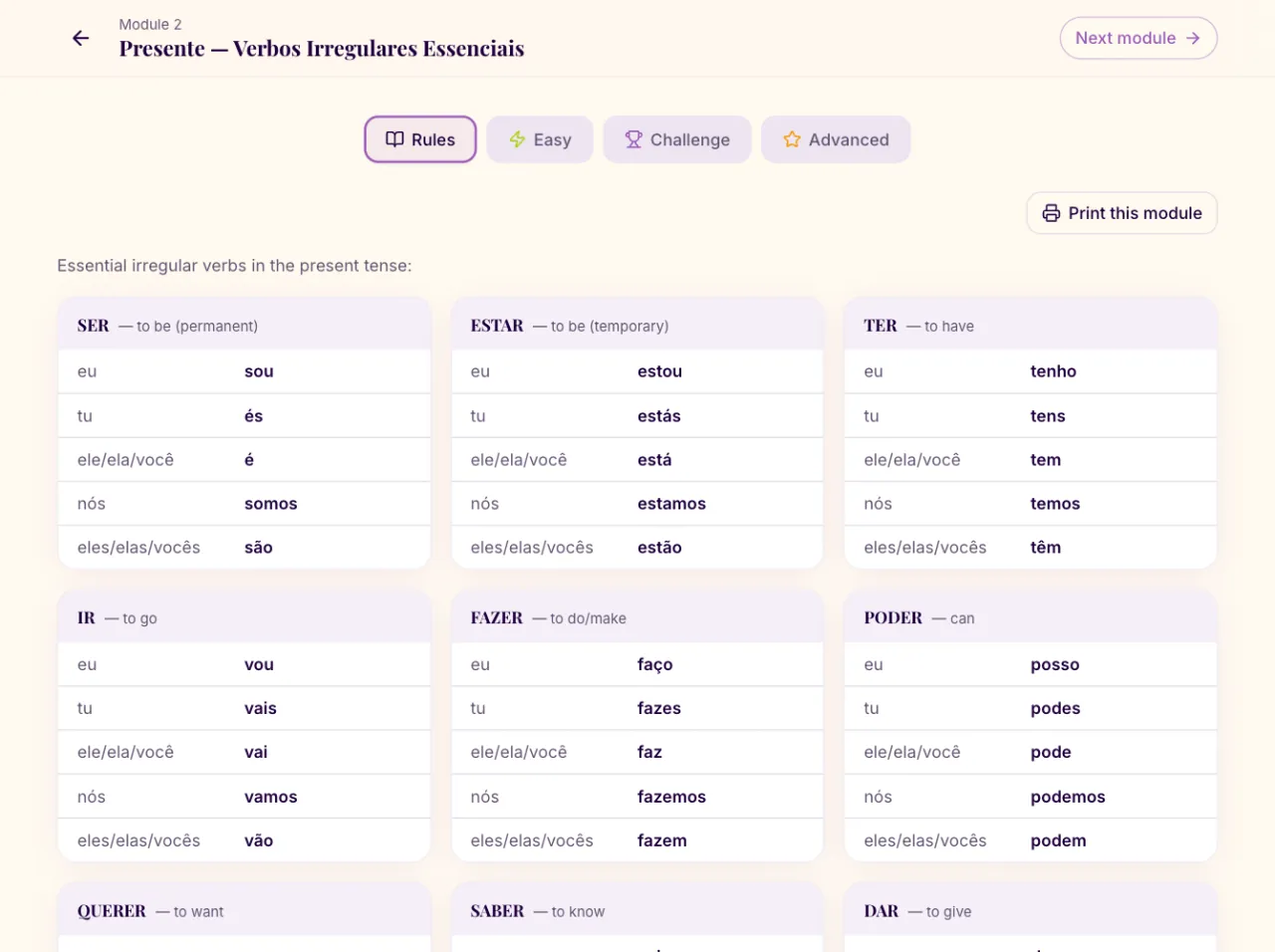 Grammar module rules: conjugation tables for ser, estar, ter, ir, fazer and poder