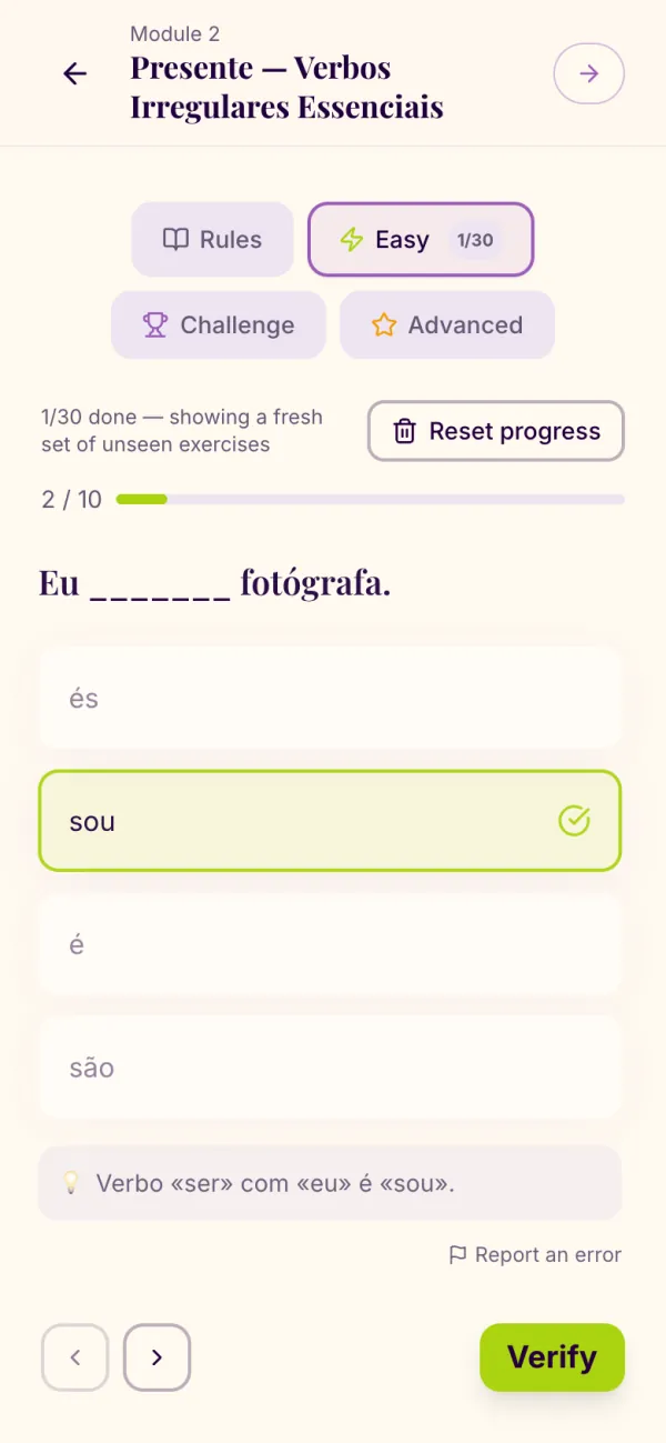 A grammar exercise on a phone with the correct answer and a short explanation