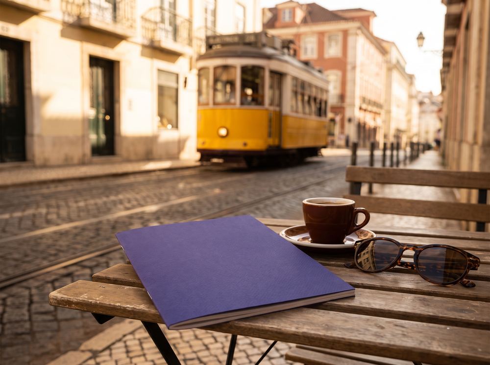 Violet booklet on a café table with a yellow Lisbon tram behind