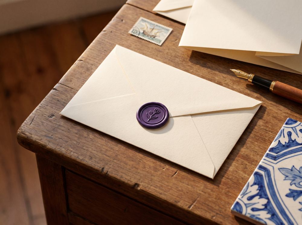 Envelope with a violet wax seal, fountain pen and an azulejo tile