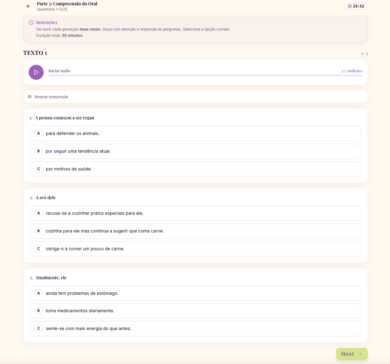 New CIPLE mock — Listening Part 1 with audio player and transcript reveal