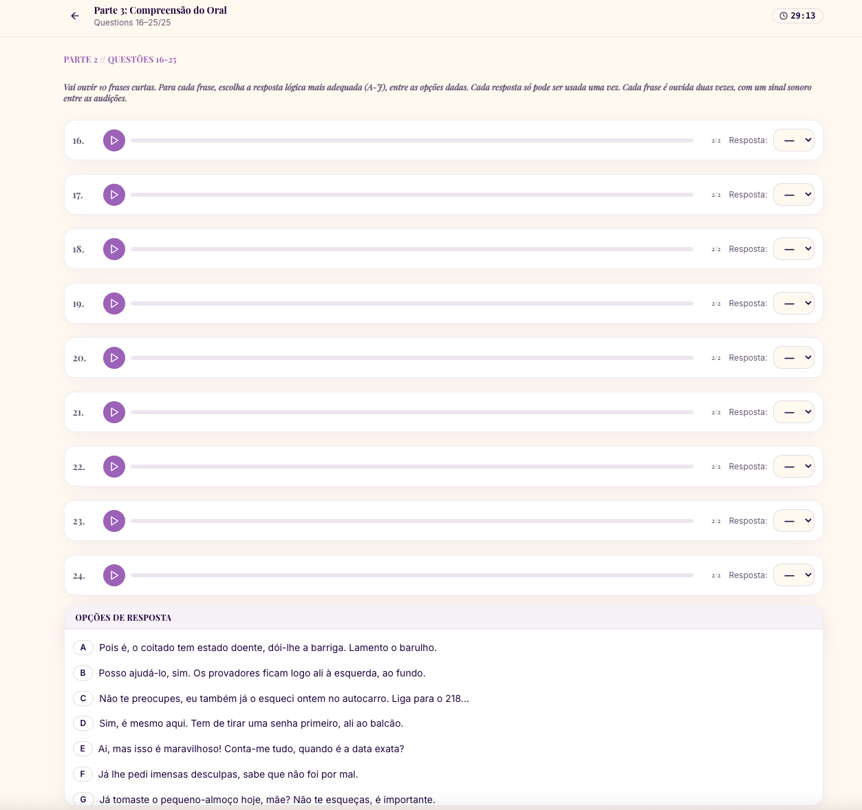 New CIPLE mock — Listening Part 2 matching task with per-question audio