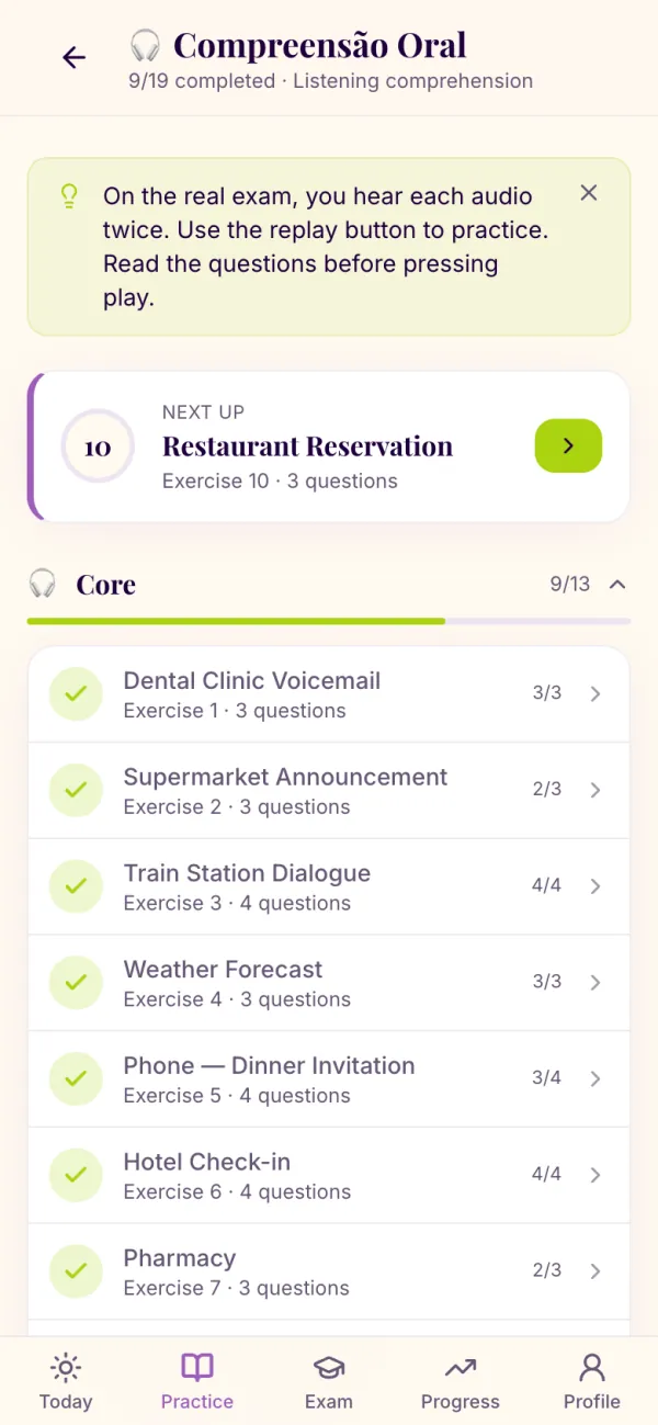 The listening list on a phone, grouped into core and advanced exercises