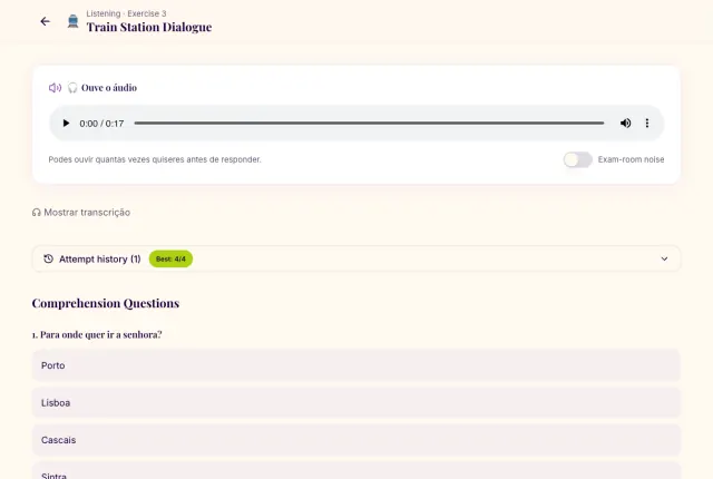 Listening exercise with audio player and comprehension questions