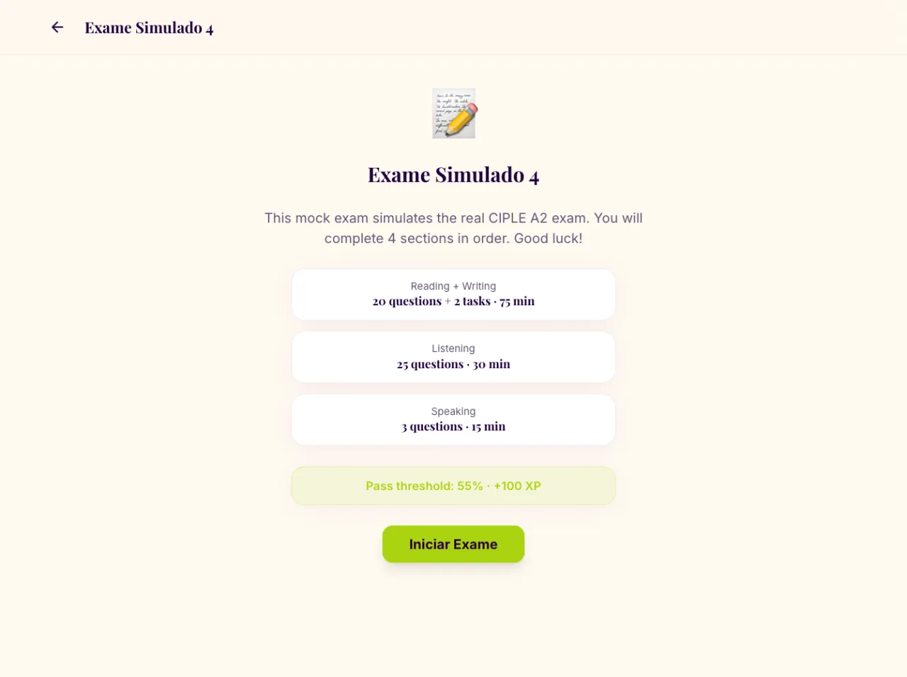 The start screen of a mock exam with its three timed parts and the 55% pass mark