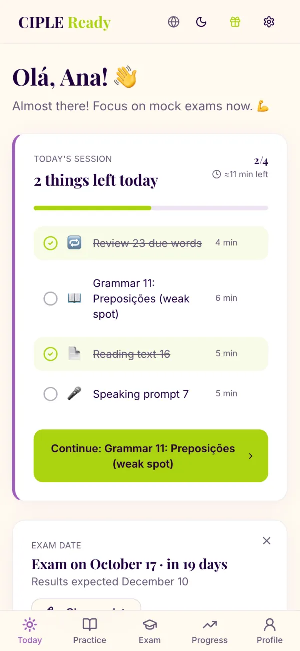Today's plan on a phone, with the app-style bar at the bottom