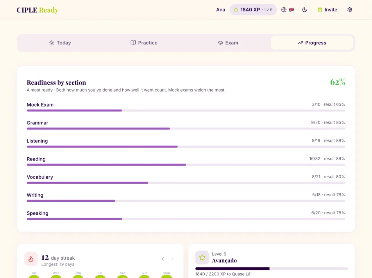 The Progress tab: readiness by section, streak calendar and level