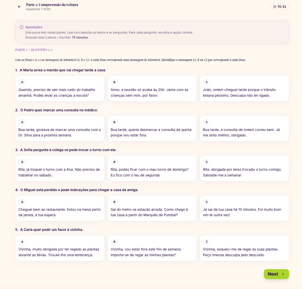 New CIPLE mock — Reading Part 1, questions 1–5