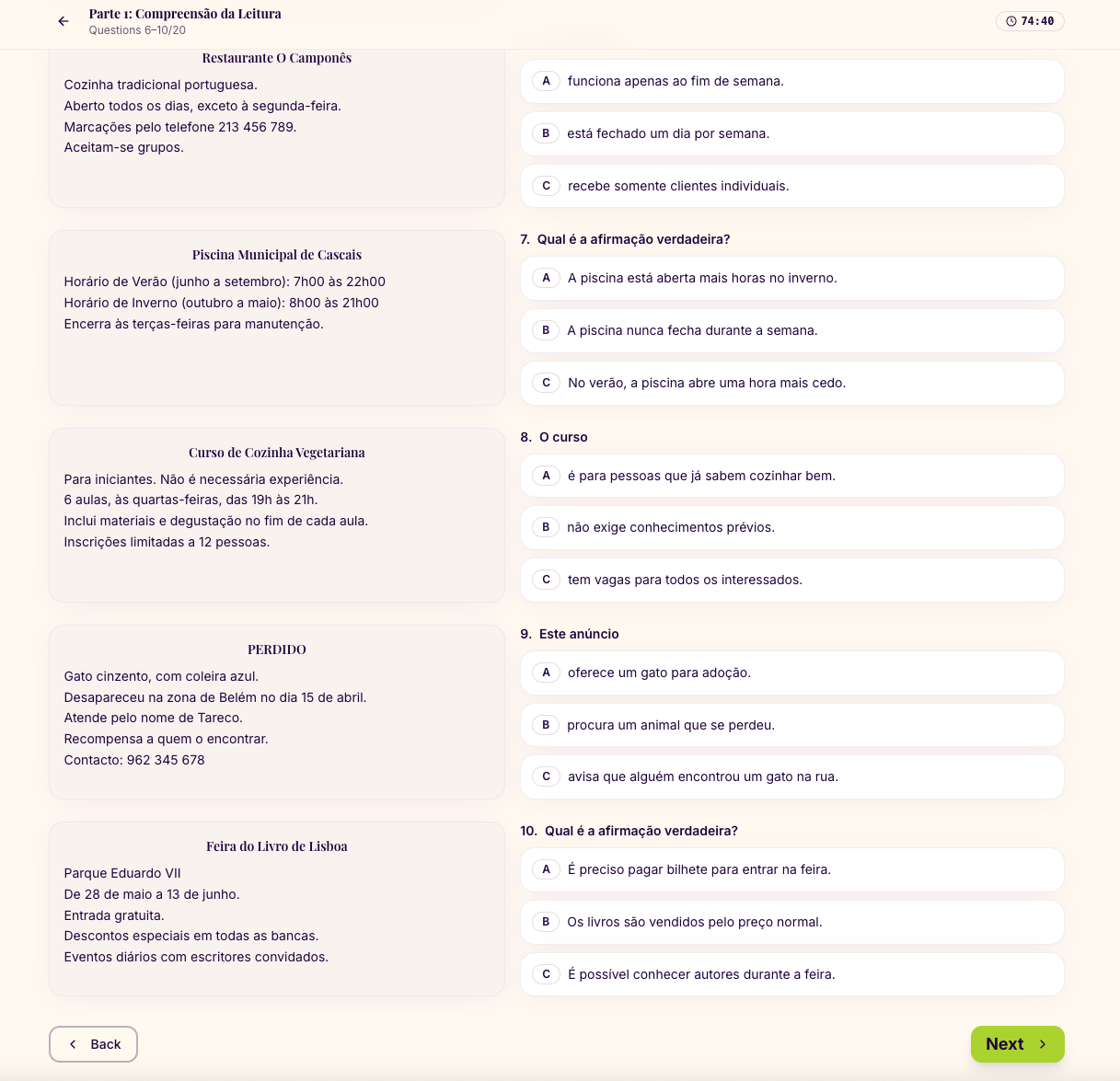 New CIPLE mock — Reading Part 1, questions 6–10