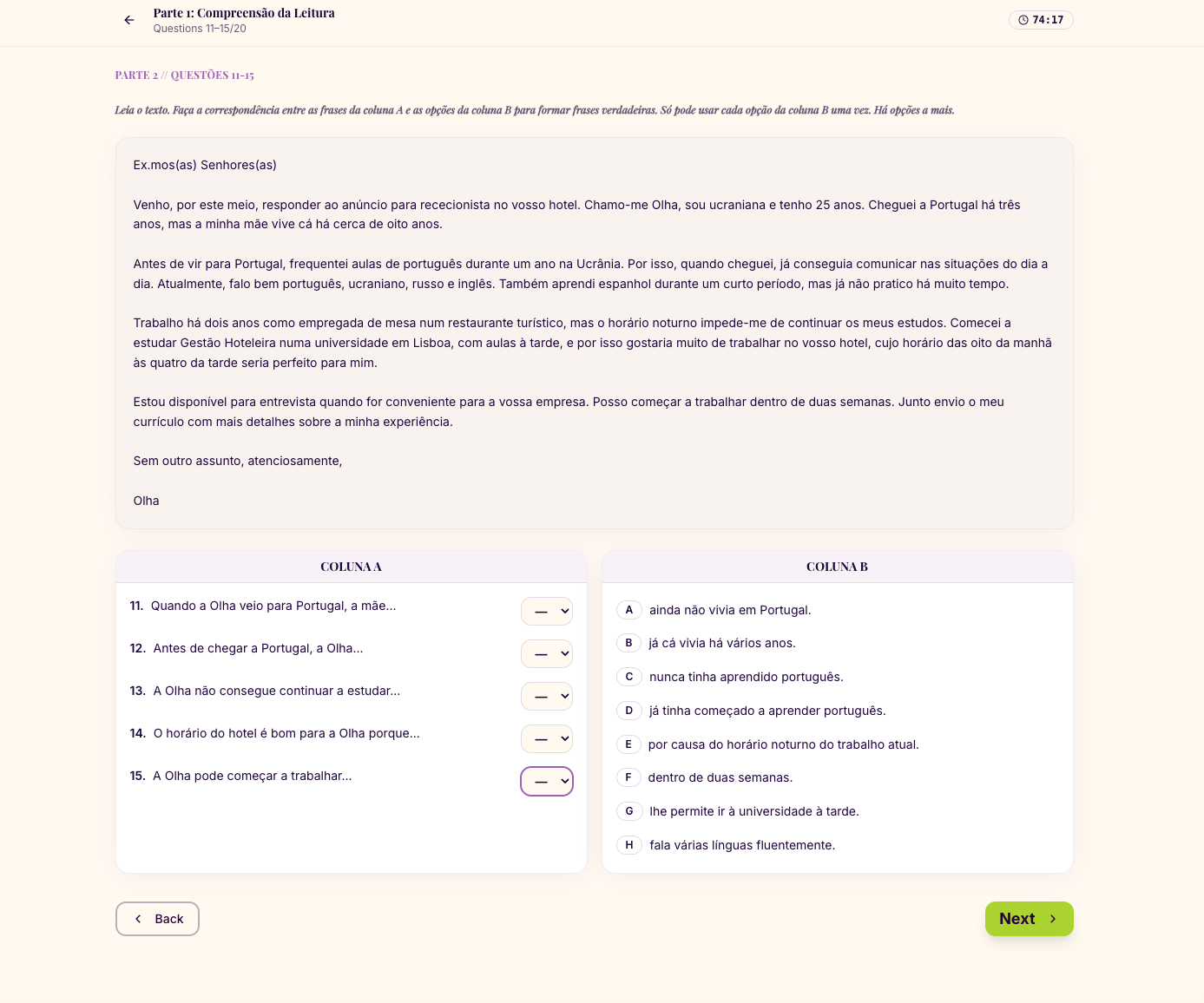New CIPLE mock — Reading Part 2 matching task