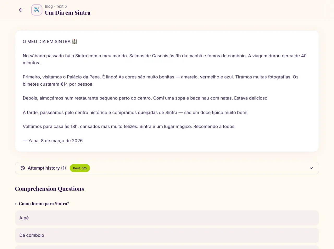 A reading text, Um Dia em Sintra, with its comprehension questions