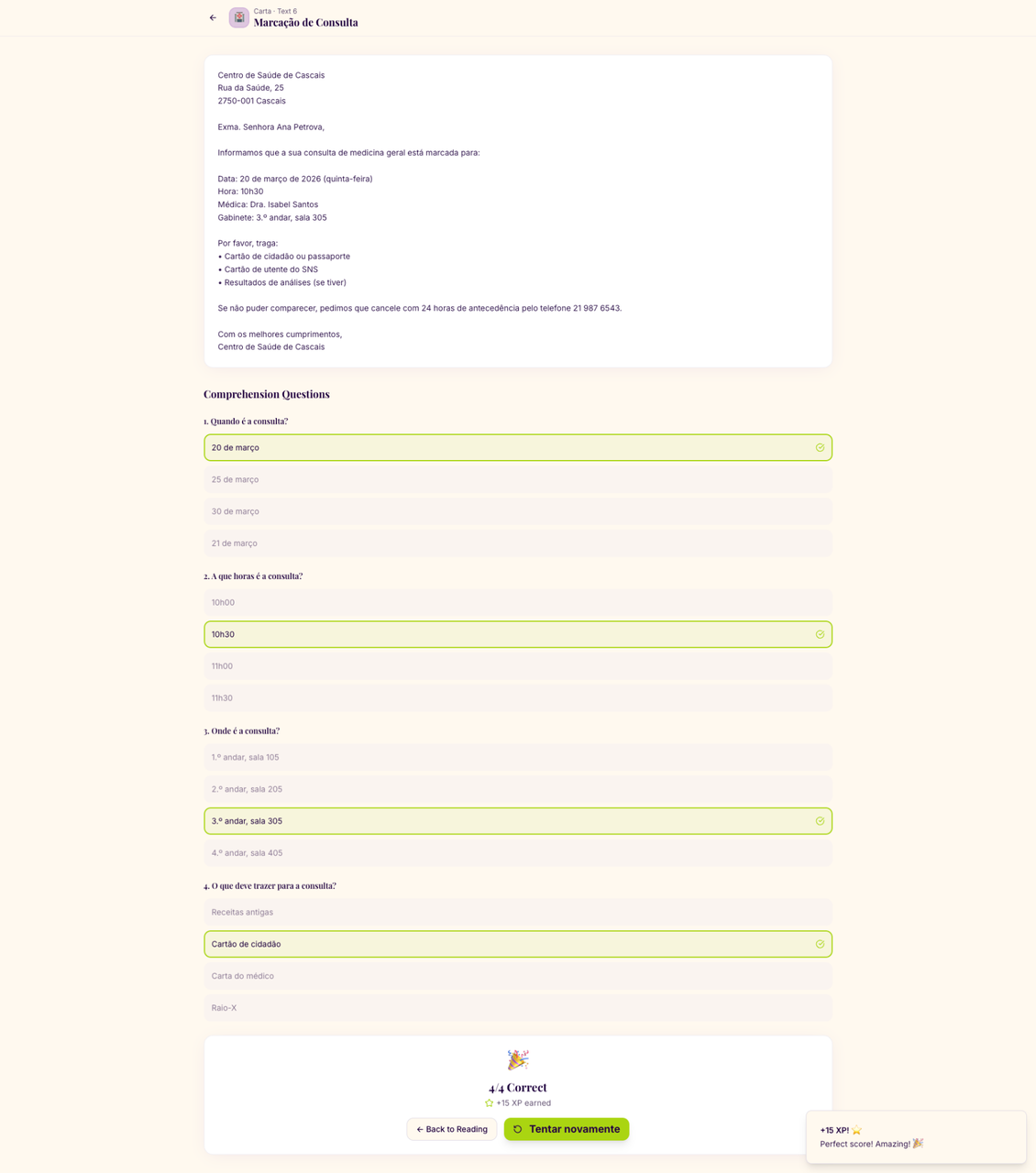 Reading comprehension exercise with questions