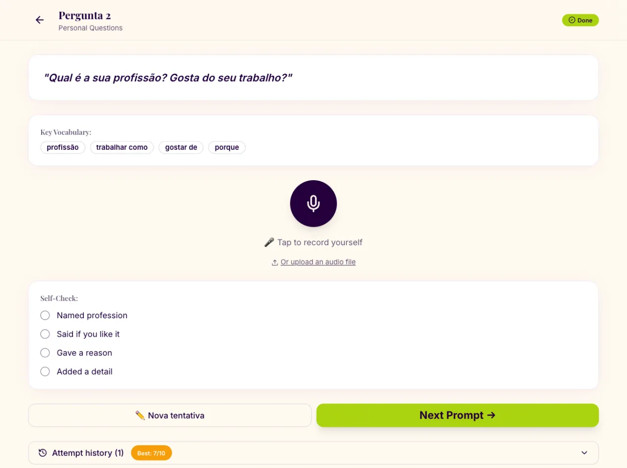 A speaking prompt with key vocabulary, the record button and a self-check list