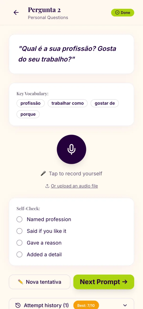 A speaking prompt on a phone with the record button