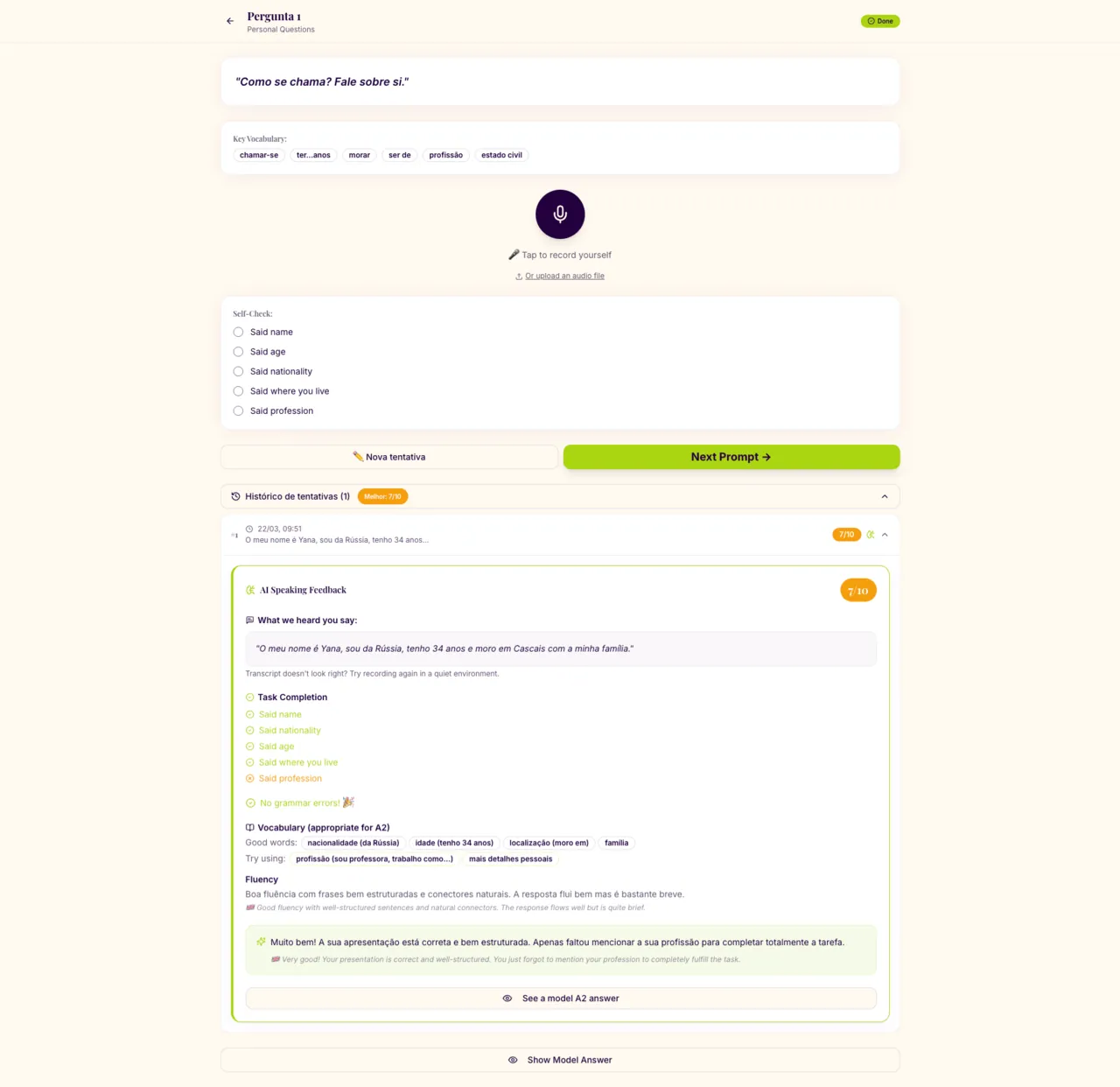 A speaking prompt after the AI analysis: transcript, score and feedback