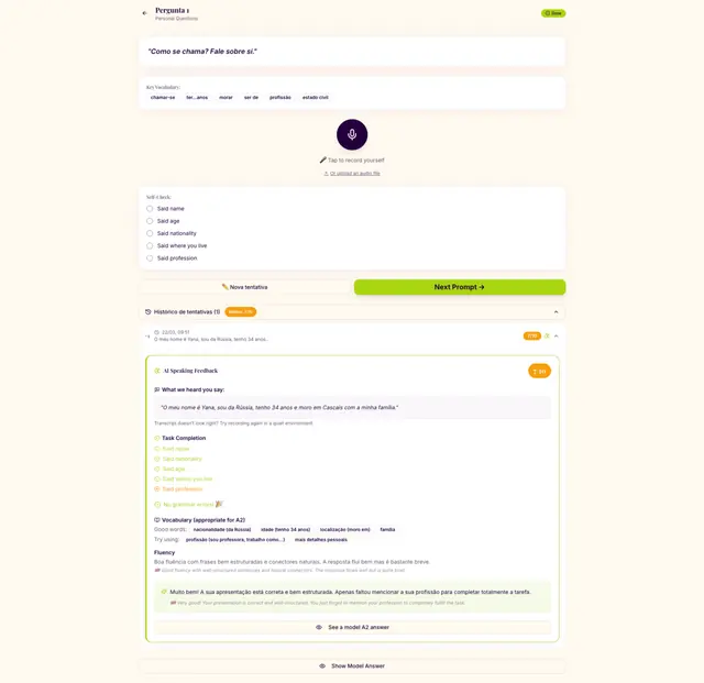 Speaking practice with AI feedback and self-check