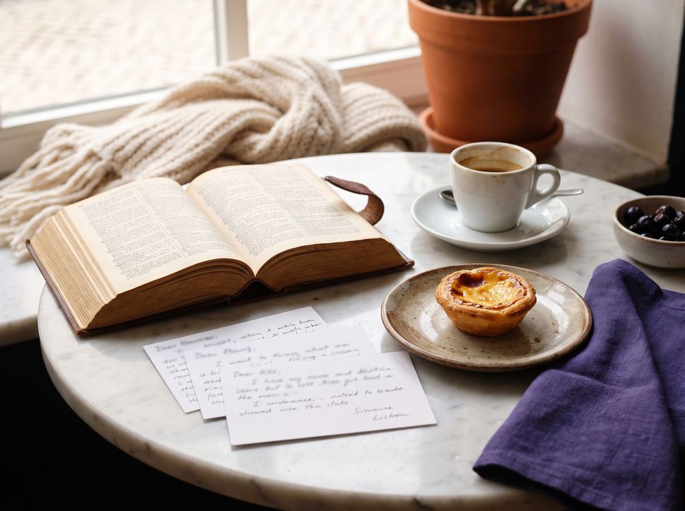 Open dictionary and handwritten flashcards with a pastel de nata and espresso
