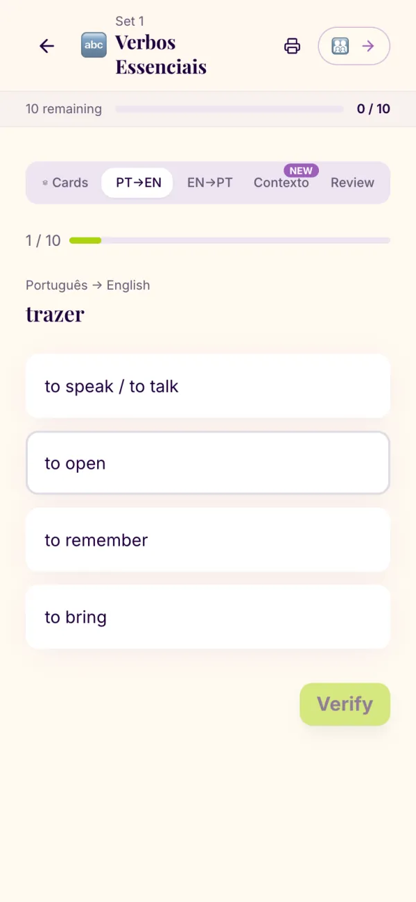 A PT→EN vocabulary quiz on a phone