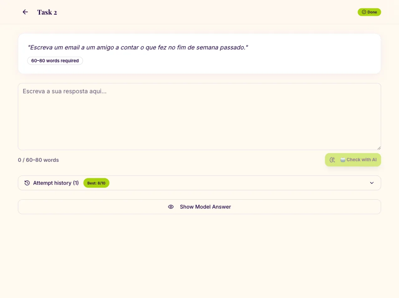 A writing task with its prompt, a live word counter and the Check with AI button