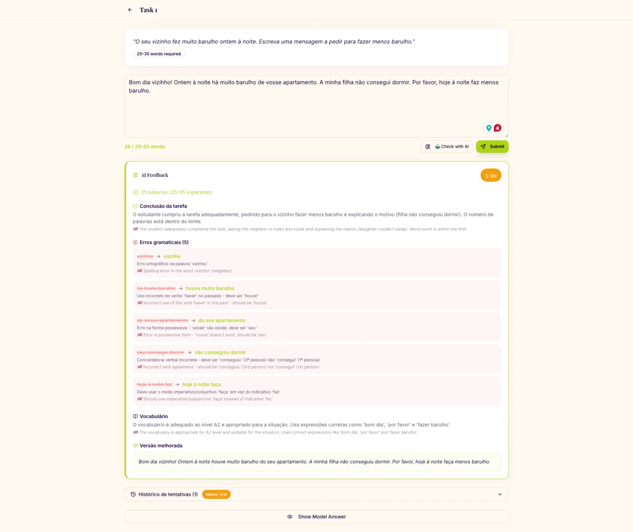 A writing task after the AI check: score, corrected errors and vocabulary notes