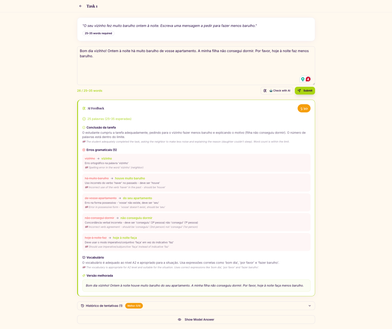 Writing task with AI feedback showing grammar corrections