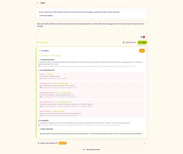 Writing task with AI feedback showing grammar corrections