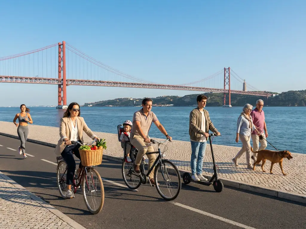 Photo task: people cycling and running by the river in Lisbon, with the 25 de Abril bridge behind them