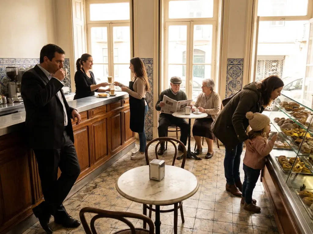 Photo task: a traditional pastelaria in the morning, a man drinking a coffee at the counter, an older couple reading the newspaper, a mother and daughter looking at the cakes